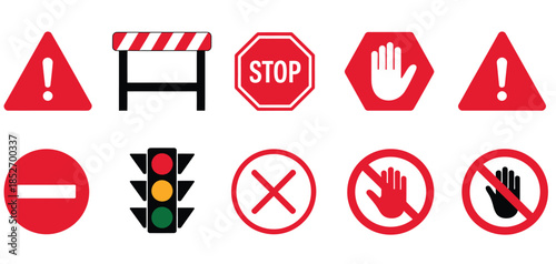 warning and prohibition icons featuring stop, danger, hand, no entry, barrier, and traffic light symbols, flat design