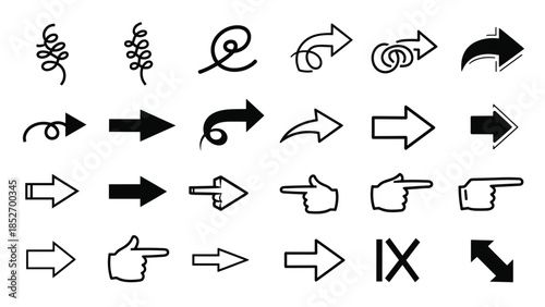 A diverse collection of hand-drawn and simple arrow icons, including curly, straight, and pointing hand gesture styles.