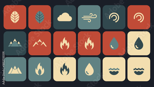 A retro-colored icon set representing the four classical elements: earth, water, air, and fire, with nature-themed symbols.