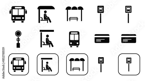 A collection of public transportation icons for bus services, including a bus stop, a waiting passenger, and a payment card.