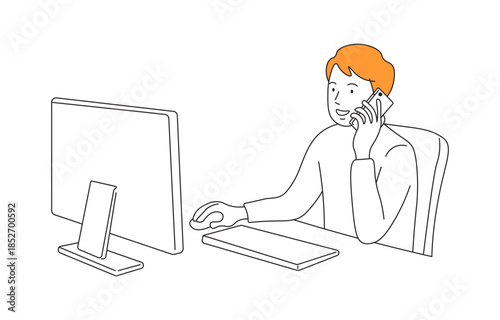 Businessman multitasking at office desk with computer and mobile phone - flat design