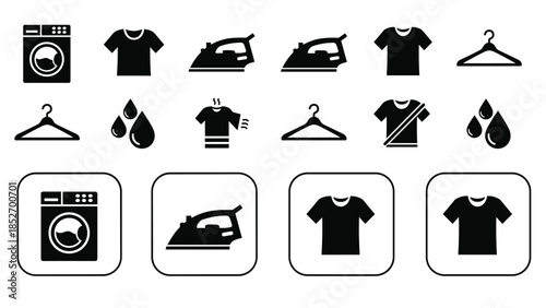 A collection of laundry and dry cleaning service icons, featuring a washing machine, iron, t-shirt, and clothing hanger symbols.