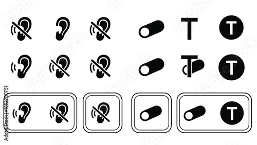 A set of accessibility icons for the hearing impaired, including symbols for hearing loops, telecoils, and deaf communication.