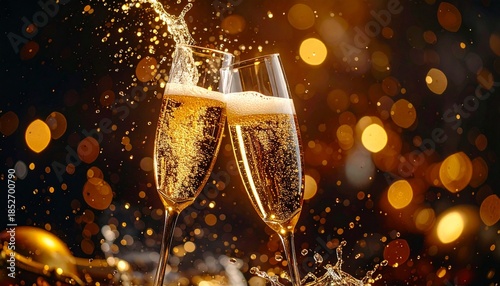 Celebratory champagne glasses being toasted amidst a vibrant, sparkling ambiance
