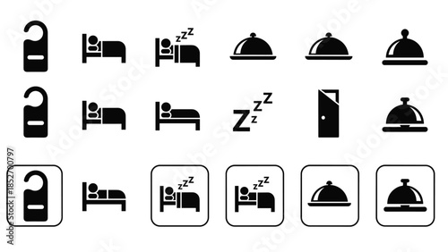 A set of hotel service and amenity icons, including 'do not disturb' hanger, bed, sleeping symbol, and room service cloche.