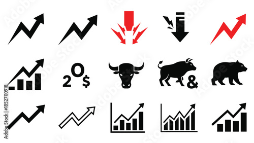 A set of black and red icons for stock market trading, featuring bull and bear symbols, and ascending or descending graphs.