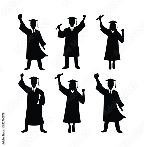 Set of six graduation black silhouette vector set celebrating graduates student male female wearing cap and gown diplomas academic achievement illustration on white background, Vector illustration.
