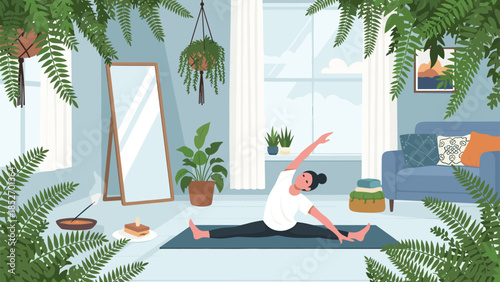 A woman practices yoga and stretching on a mat in a bright, airy living room filled with lush green plants, embodying a mindful lifestyle.