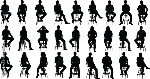 Set of seated people silhouettes on bar stools in various poses vector collection isolated on white background for lifestyle design use