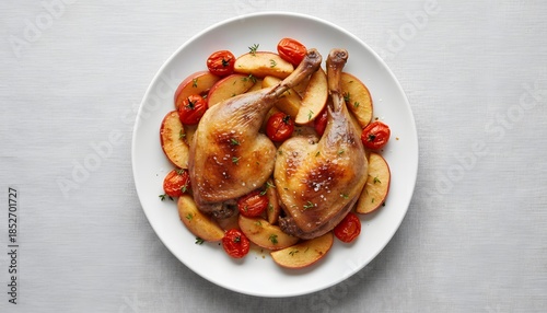 Roasted chicken with apples and tomatoes, Top-Down Flatlay