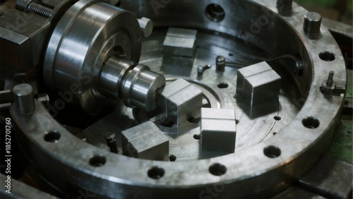 Close-up of metal cubes being machined in a rotating industrial tooling setup