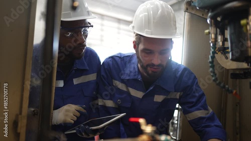 Blue collar workers are working at machine shop with CNC lathe  machine. Factory and machinery.