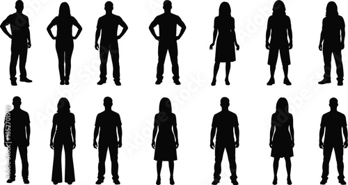 Set of standing men and women silhouettes vector collection isolated on white background for human figure design reference use