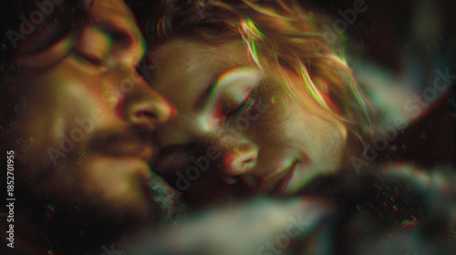 Surreal close up of embracing couple with glitch effect, soft lighting, and atmosphere of sleep, love, and silence.
