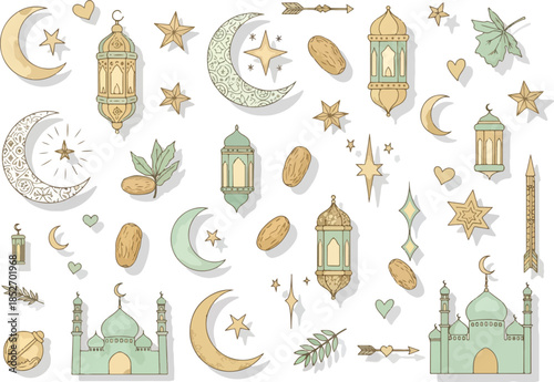A repeating pattern of Ramadan and Islamic symbols in pale green and beige