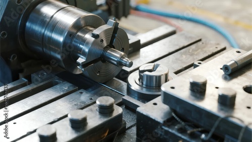 Close-up of a metalworking lathe machine in operation with precision components and tools