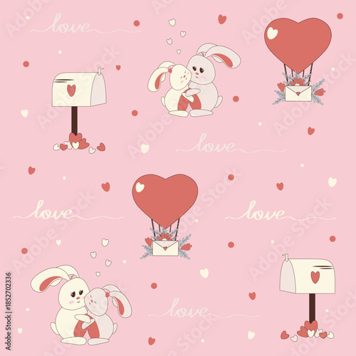 Vector holiday background with cute bunnies, heart-shaped balloons, and mailboxes. Delicate pink pattern for wrapping paper, textiles, and Valentine s Day greetings.