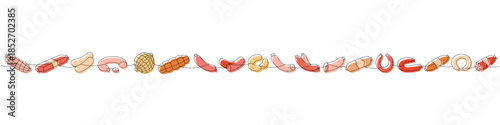 Pork sausages set. Semi-finished products one line colored continuous drawing. Vector illustration