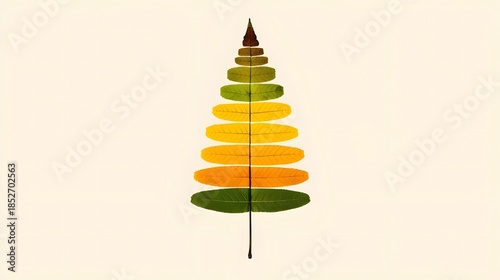A minimalist arrangement of leaf leaflets layered vertically along a central stem to form a triangular Christmas tree shape, transitioning in color from dark brown at the top to yellow and green.