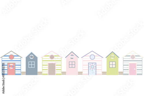 A charming row of colorful, pastel beach huts with unique doors and windows, lined up on a clean white background for a sweet, seaside aesthetic.