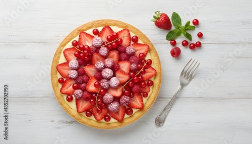 Delicious Fresh Berry Fruit Tart with Cream Filling, Top-Down Flatlay