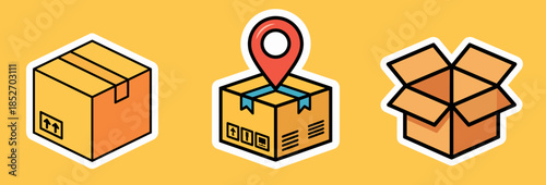 cardboard box sticker collection with closed, open, and tracked package symbols