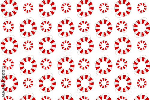 A festive, seamless pattern of classic red and white lifebuoys on a clean white background, perfect for summer, beach, or nautical-themed designs.