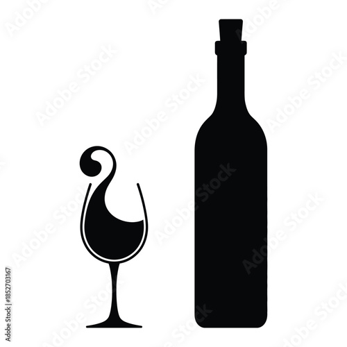 Wine Glass & Bottle Vector, Silhouette, Illustration