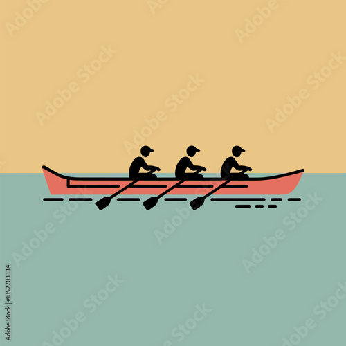 Teamwork rowing boat concept illustration with three people on calm water during sunrise