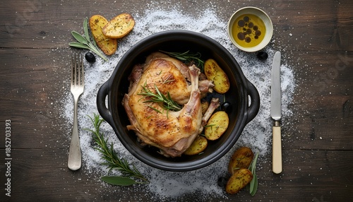 Delicious roasted chicken with potatoes and herbs, Flatfly