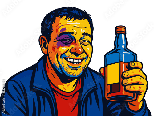 hardened alcoholic disheveled man with a black eye with visible signs of alcohol abuse smiling while holding a alcohol bottle in hand. Generative ai vector colorful pop art illustration.