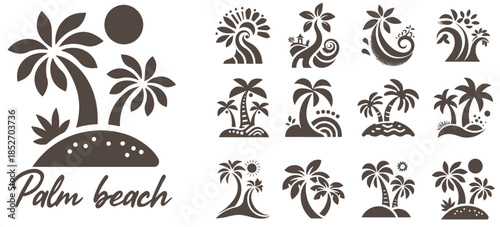 Summer beach island with palm trees in the ocean. Vector emblem of travel, holiday, resort. Vector Logo collection.
