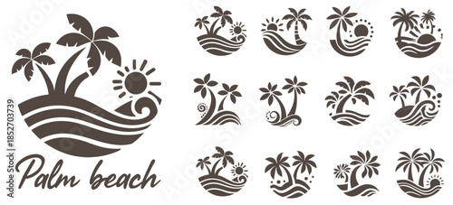 Summer beach island with palm trees in the ocean. Vector emblem of travel, holiday, resort. Vector Logo collection.