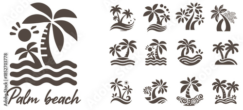 Summer beach island with palm trees in the ocean. Vector emblem of travel, holiday, resort. Vector Logo collection.