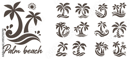 Summer beach island with palm trees in the ocean. Vector emblem of travel, holiday, resort. Vector Logo collection.