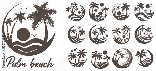 Summer beach island with palm trees in the ocean. Vector emblem of travel, holiday, resort. Vector Logo collection.