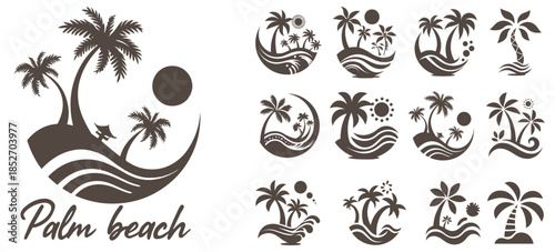 Summer beach island with palm trees in the ocean. Vector emblem of travel, holiday, resort. Vector Logo collection.