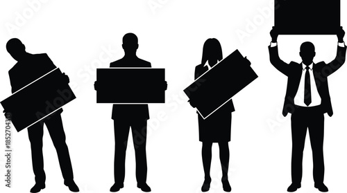 Business people silhouettes holding blank signboards illustration for protest announcement marketing message presentation concept black vector isolated white background