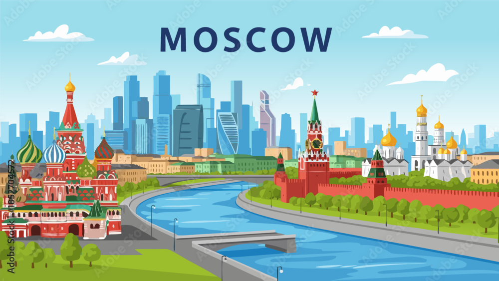 Obraz premium Moscow Cityscape with Kremlin and Modern Skyscrapers Featuring a River and Bridge