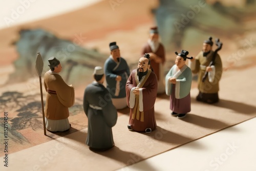 Miniature figures in traditional ancient Chinese attire arranged on a map-like surface, depicting a historical or philosophical scene.