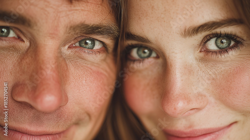 Close portrait of couple with green eyes, natural skin, freckles, soft light, and feeling of closeness, warmth.

