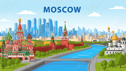 MOSCOW A Vibrant Illustration of Russia's Capital City Featuring Iconic Landmarks and Urban Skyline