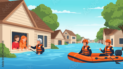 Flood Rescue Operation Responders in Boat Save People from Flooded Neighborhood Houses