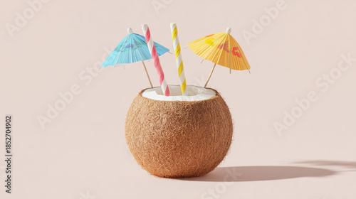 Cute Style 3D Coconut Drink with Rainbow Umbrella
