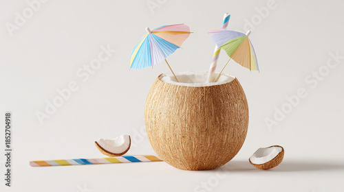 Cute Style 3D Coconut Drink with Rainbow Umbrella