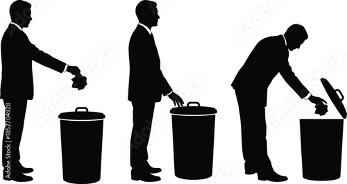 Businessman silhouettes disposing waste in trash bin illustration, recycling responsibility cleanliness concept, black vector people icons isolated white background