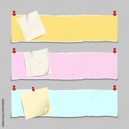 Pastel paper banners pinned with notes on a board. Suitable for announcements, message boards, reminders, presentations, and creative stationery backgrounds.