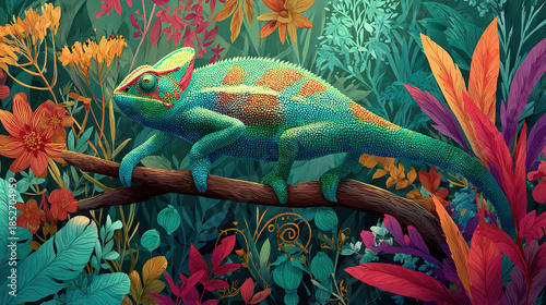 Vintage Watercolor Style Chameleon Illustration