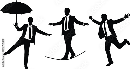 Businessman silhouettes balancing and celebrating success illustration with umbrella, tightrope, confident corporate leadership concept, black vector isolated design