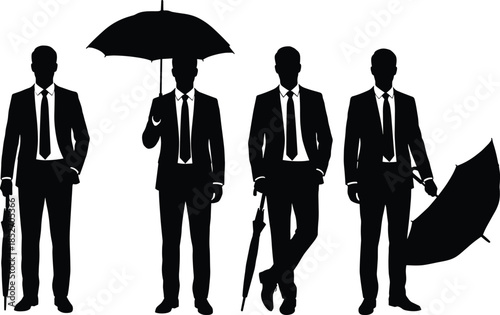 Businessman silhouettes holding umbrellas illustration with corporate men in suits leadership protection concept black vector icons isolated white background